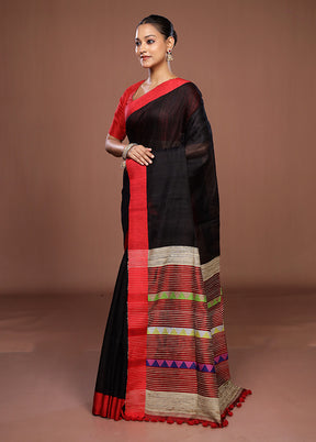 Black Handloom Matka Pure Silk Saree With Blouse Piece