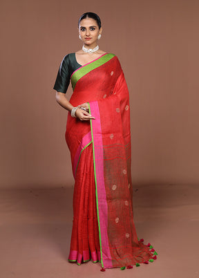 Red Linen Silk Saree With Blouse Piece