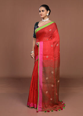 Red Linen Silk Saree With Blouse Piece