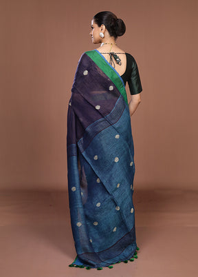 Blue Linen Silk Saree With Blouse Piece