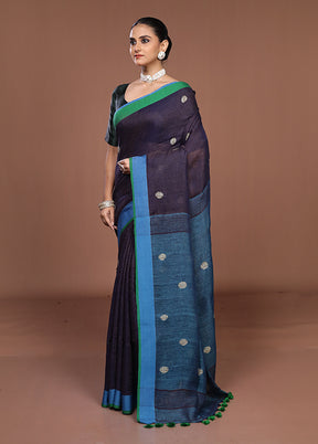 Blue Linen Silk Saree With Blouse Piece