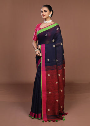 Blue Linen Silk Saree With Blouse Piece