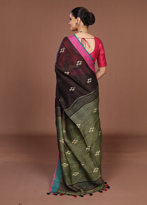 Brown Linen Silk Saree With Blouse Piece