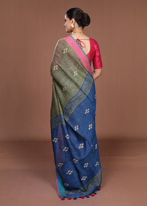 Blue Linen Silk Saree With Blouse Piece