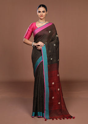 Grey Linen Silk Saree With Blouse Piece