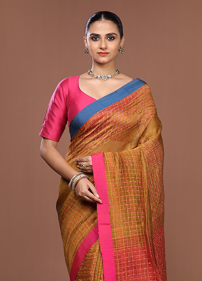 Yellow Linen Silk Saree With Blouse Piece