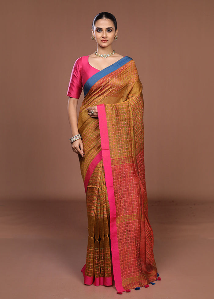 Yellow Linen Silk Saree With Blouse Piece