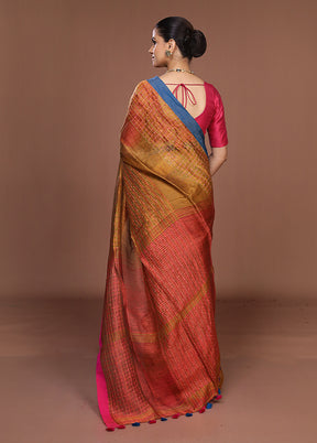 Yellow Linen Silk Saree With Blouse Piece