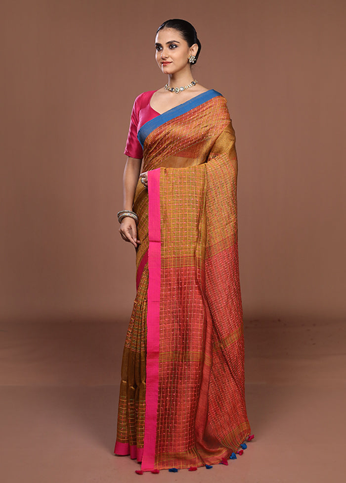 Yellow Linen Silk Saree With Blouse Piece