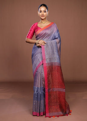 Blue Linen Silk Saree With Blouse Piece