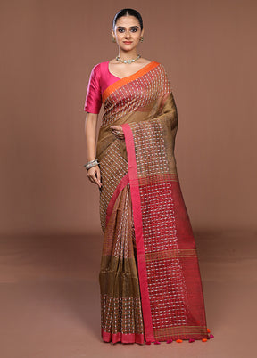 Brown Linen Silk Saree With Blouse Piece