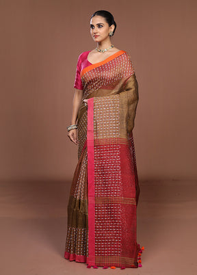 Brown Linen Silk Saree With Blouse Piece