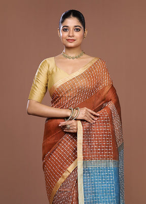 Rust Linen Silk Saree With Blouse Piece