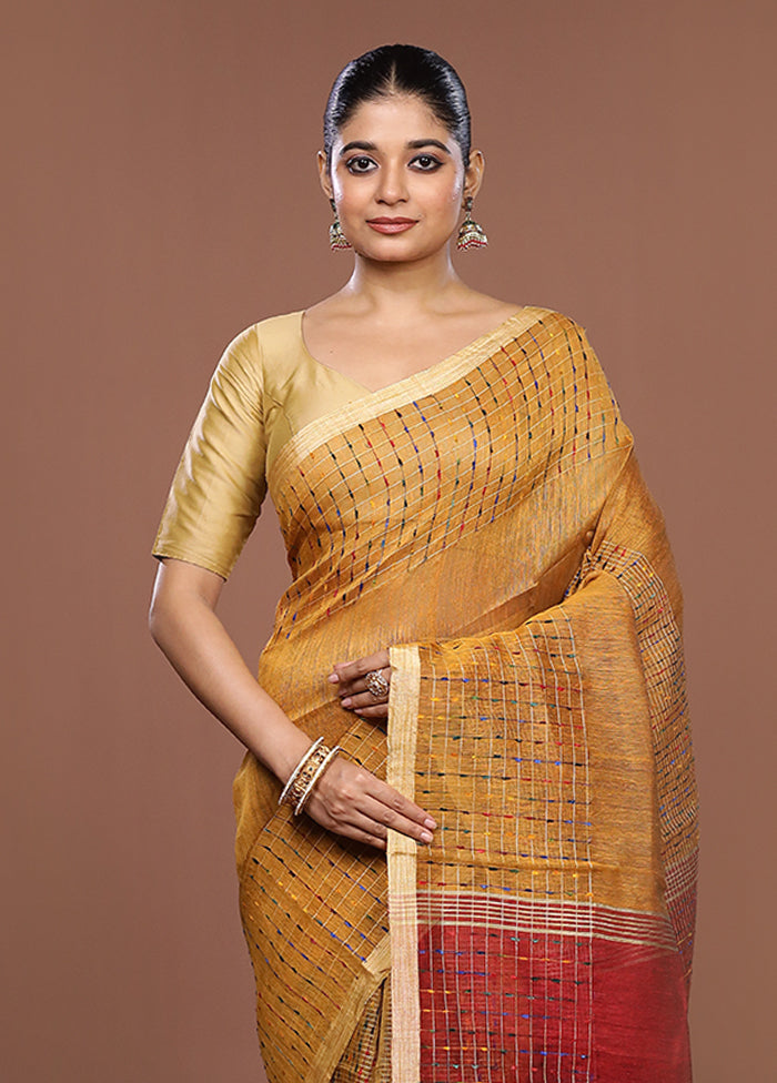 Yellow Linen Silk Saree With Blouse Piece