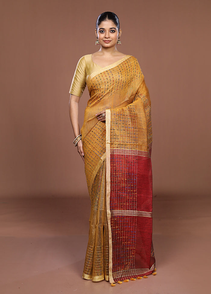 Yellow Linen Silk Saree With Blouse Piece
