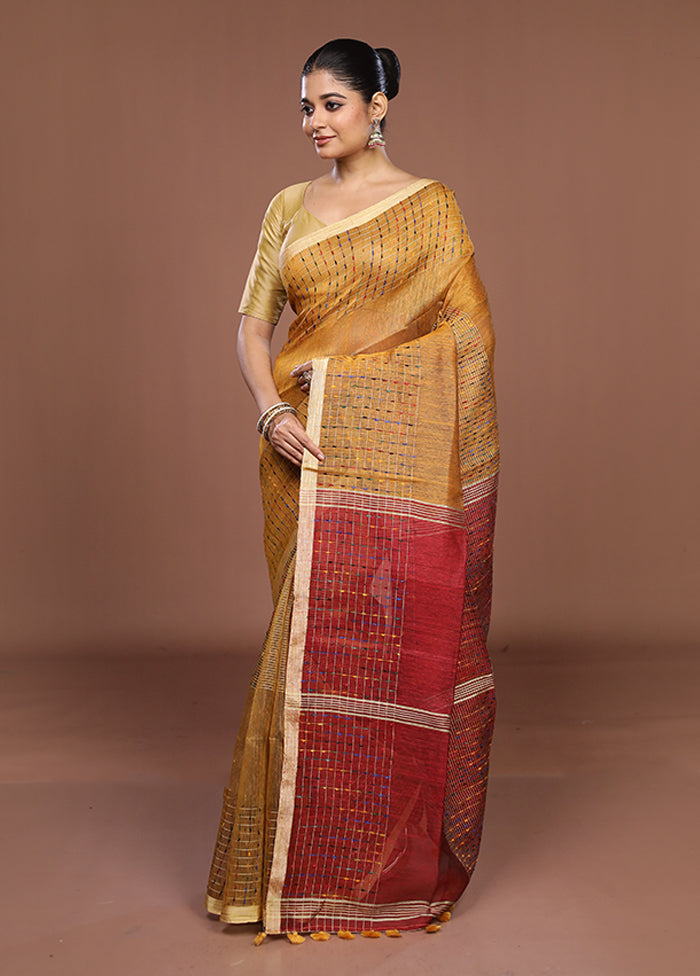 Yellow Linen Silk Saree With Blouse Piece