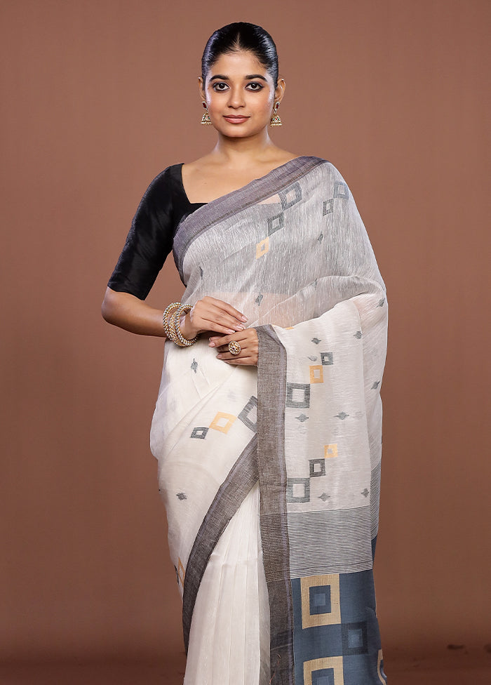 White Linen Silk Saree With Blouse Piece