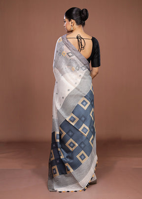 White Linen Silk Saree With Blouse Piece
