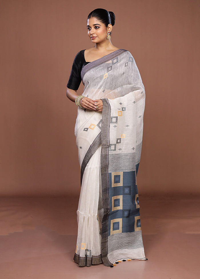 White Linen Silk Saree With Blouse Piece