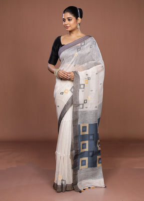 White Linen Silk Saree With Blouse Piece
