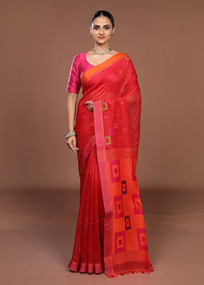 Red Linen Silk Saree With Blouse Piece