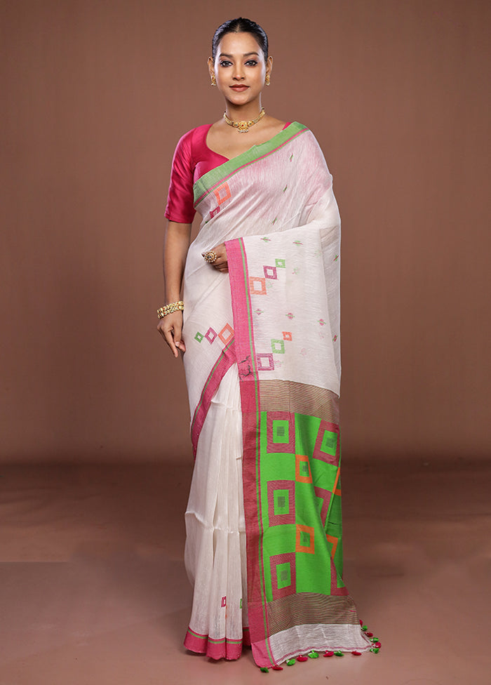 White Linen Silk Saree With Blouse Piece