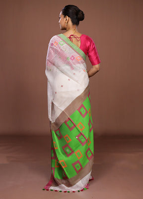 White Linen Silk Saree With Blouse Piece
