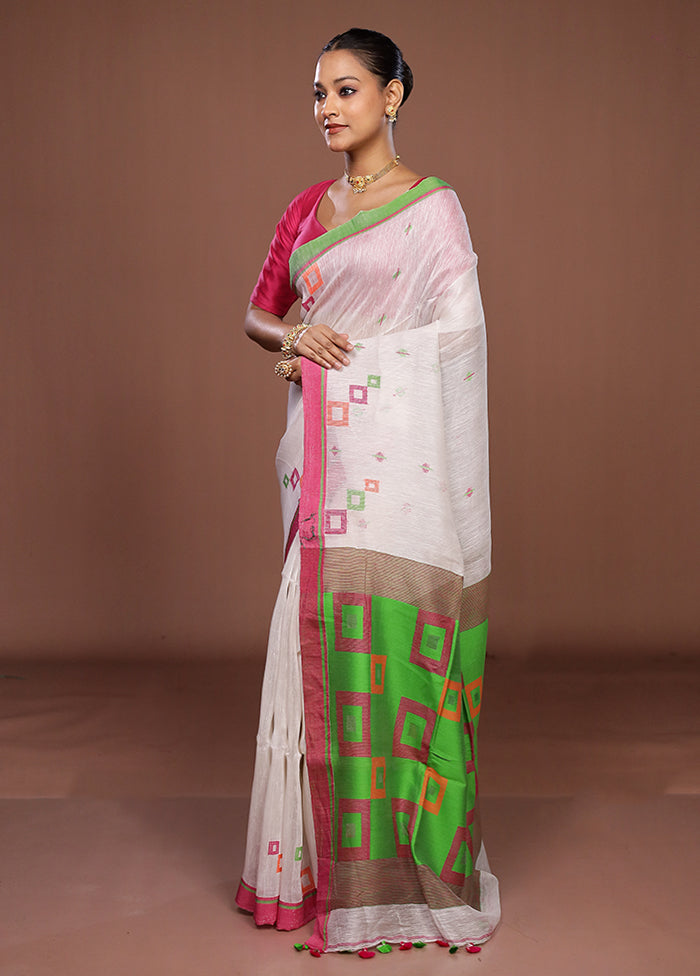 White Linen Silk Saree With Blouse Piece