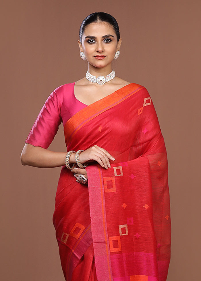 Red Linen Silk Saree With Blouse Piece
