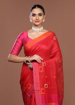 Red Linen Silk Saree With Blouse Piece