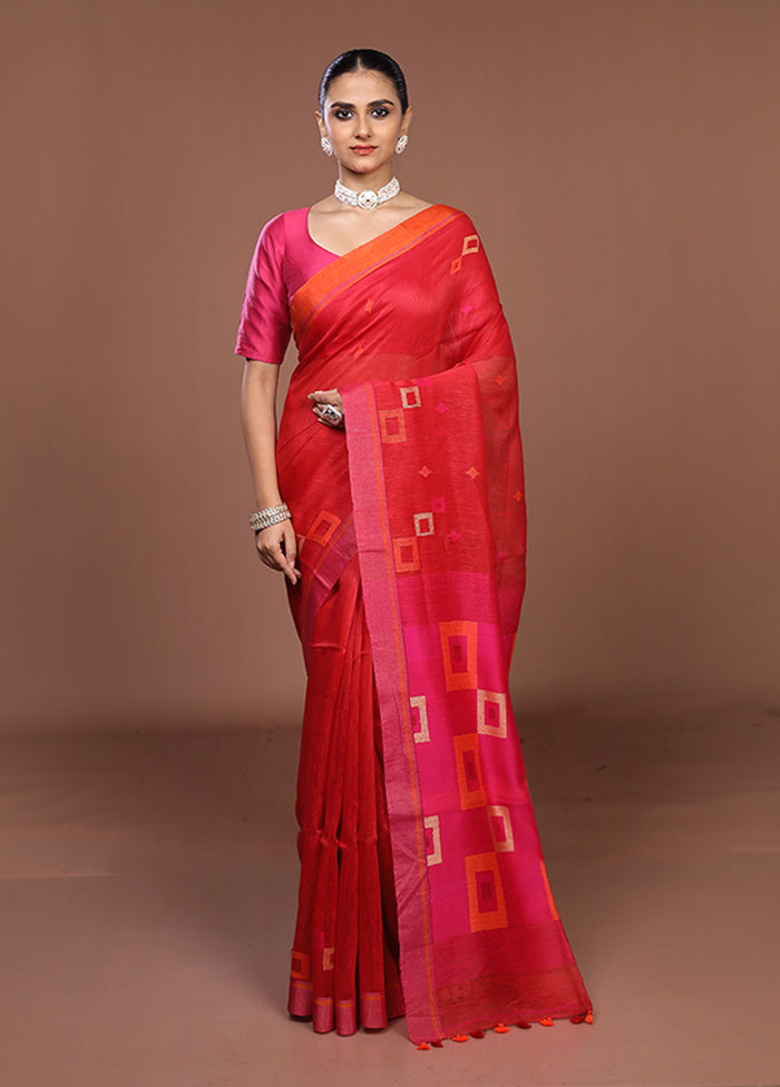 Red Linen Silk Saree With Blouse Piece