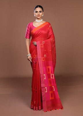 Red Linen Silk Saree With Blouse Piece
