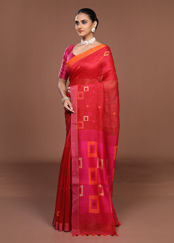 Red Linen Silk Saree With Blouse Piece