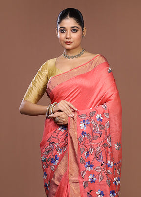 Peach Matka Silk Saree With Blouse Piece