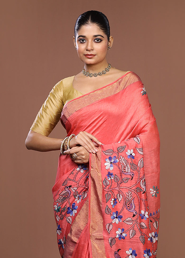 Peach Matka Silk Saree With Blouse Piece