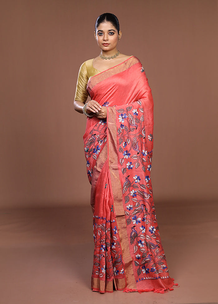 Peach Matka Silk Saree With Blouse Piece
