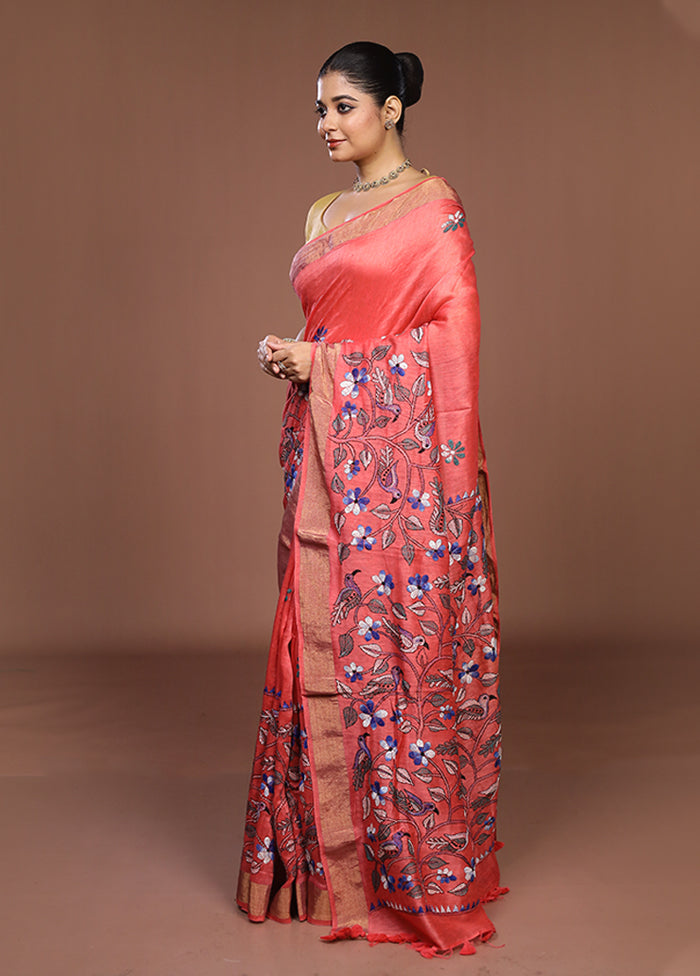 Peach Matka Silk Saree With Blouse Piece