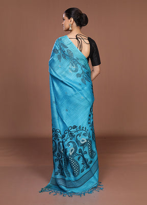Blue Handloom Matka Pure Silk Saree With Blouse Piece