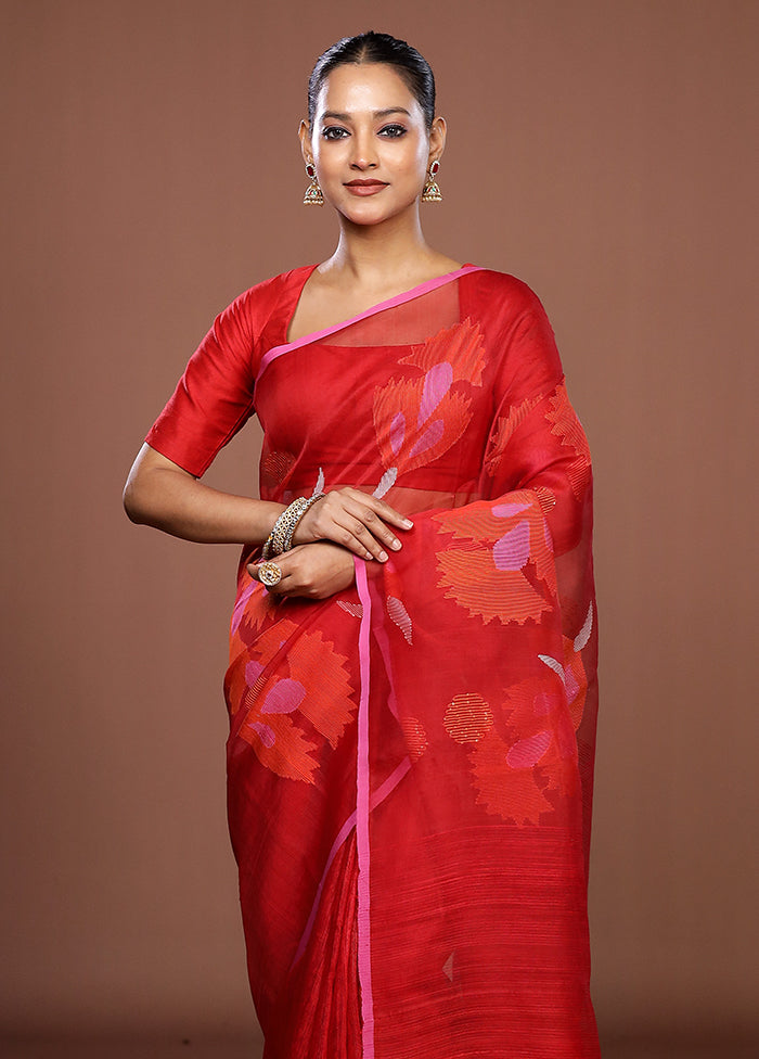 Red Handloom Matka Pure Silk Saree With Blouse Piece