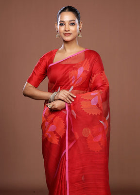 Red Handloom Matka Pure Silk Saree With Blouse Piece
