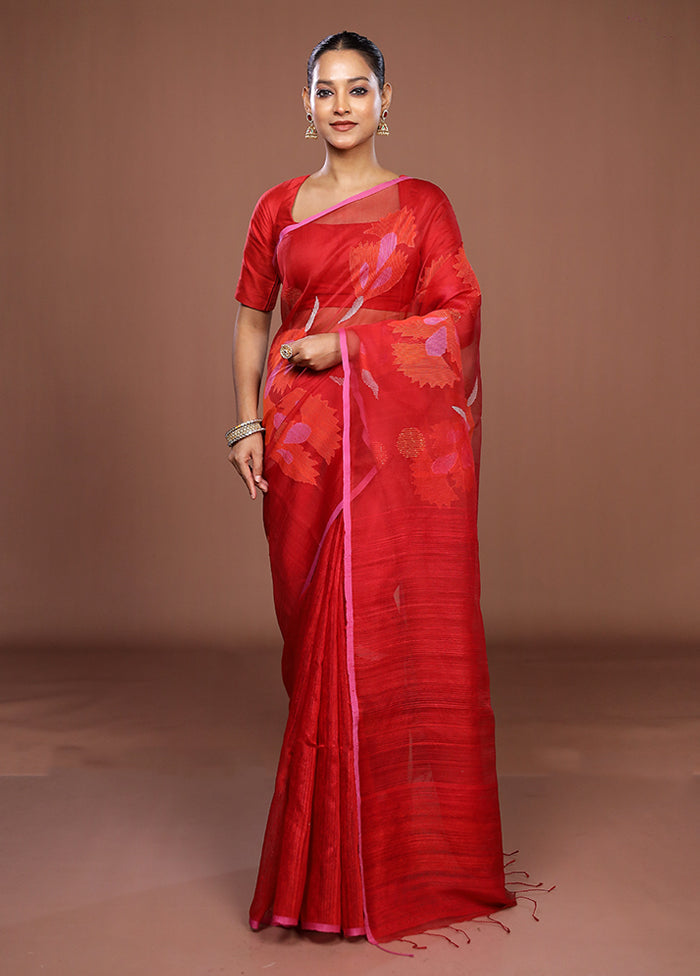 Red Handloom Matka Pure Silk Saree With Blouse Piece