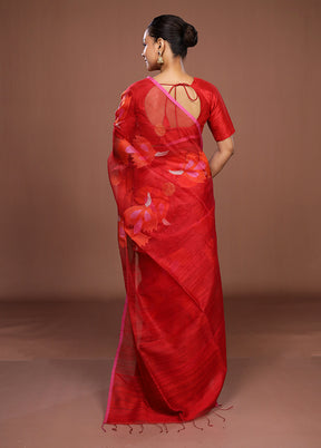 Red Handloom Matka Pure Silk Saree With Blouse Piece