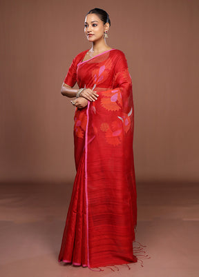 Red Handloom Matka Pure Silk Saree With Blouse Piece
