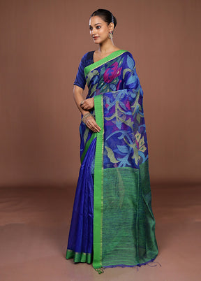 Blue Handloom Matka Pure Silk Saree With Blouse Piece