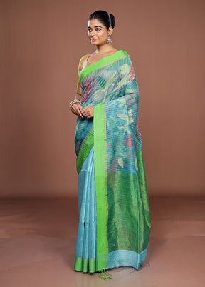 Blue Handloom Matka Pure Silk Saree With Blouse Piece