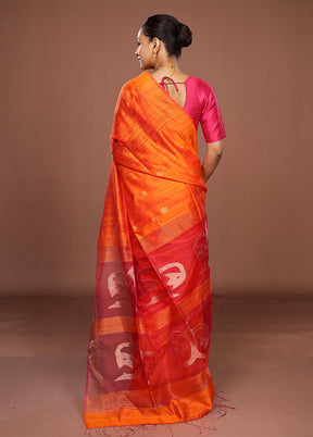 Rust Handloom Matka Pure Silk Saree With Blouse Piece