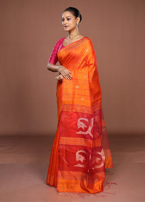Rust Handloom Matka Pure Silk Saree With Blouse Piece