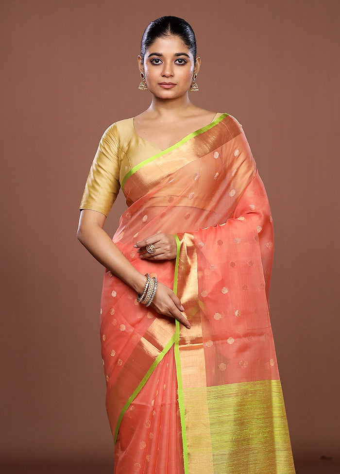 Peach Handloom Matka Pure Silk Saree With Blouse Piece