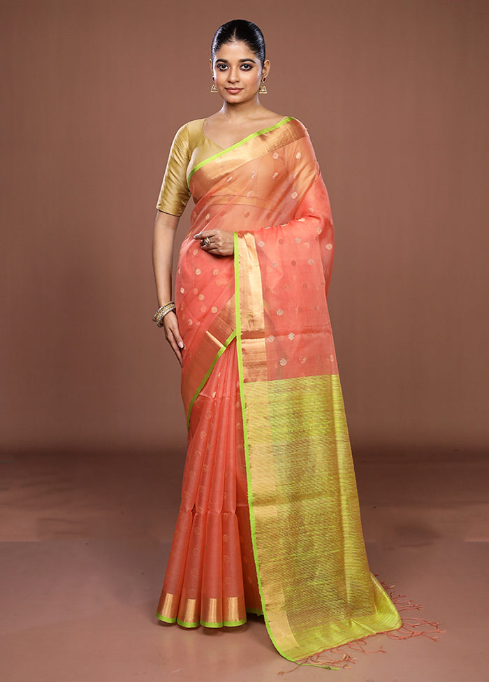 Peach Handloom Matka Pure Silk Saree With Blouse Piece