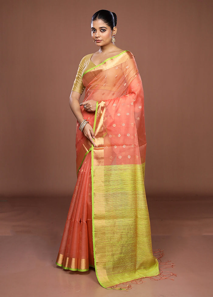Peach Handloom Matka Pure Silk Saree With Blouse Piece